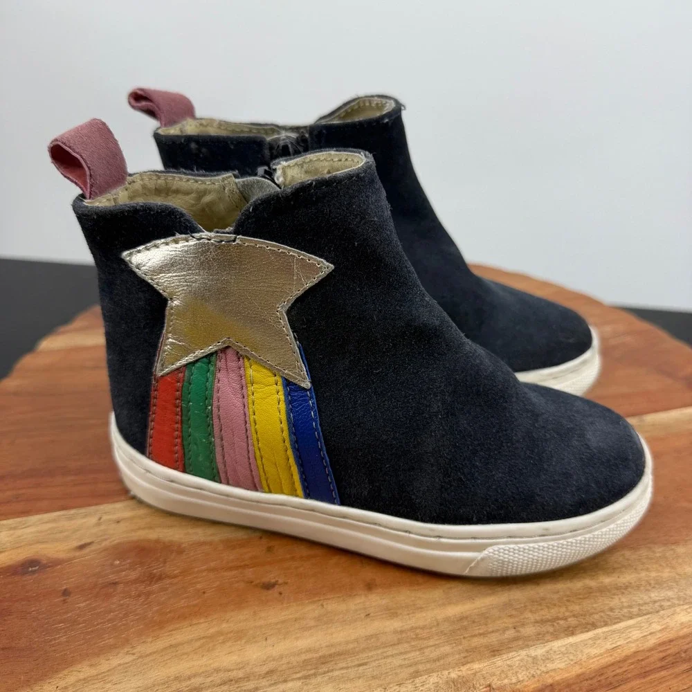 Mini Boden Star Rainbow High Top Sneakers Kids 27 10 Navy Blue Suede Zip Boots